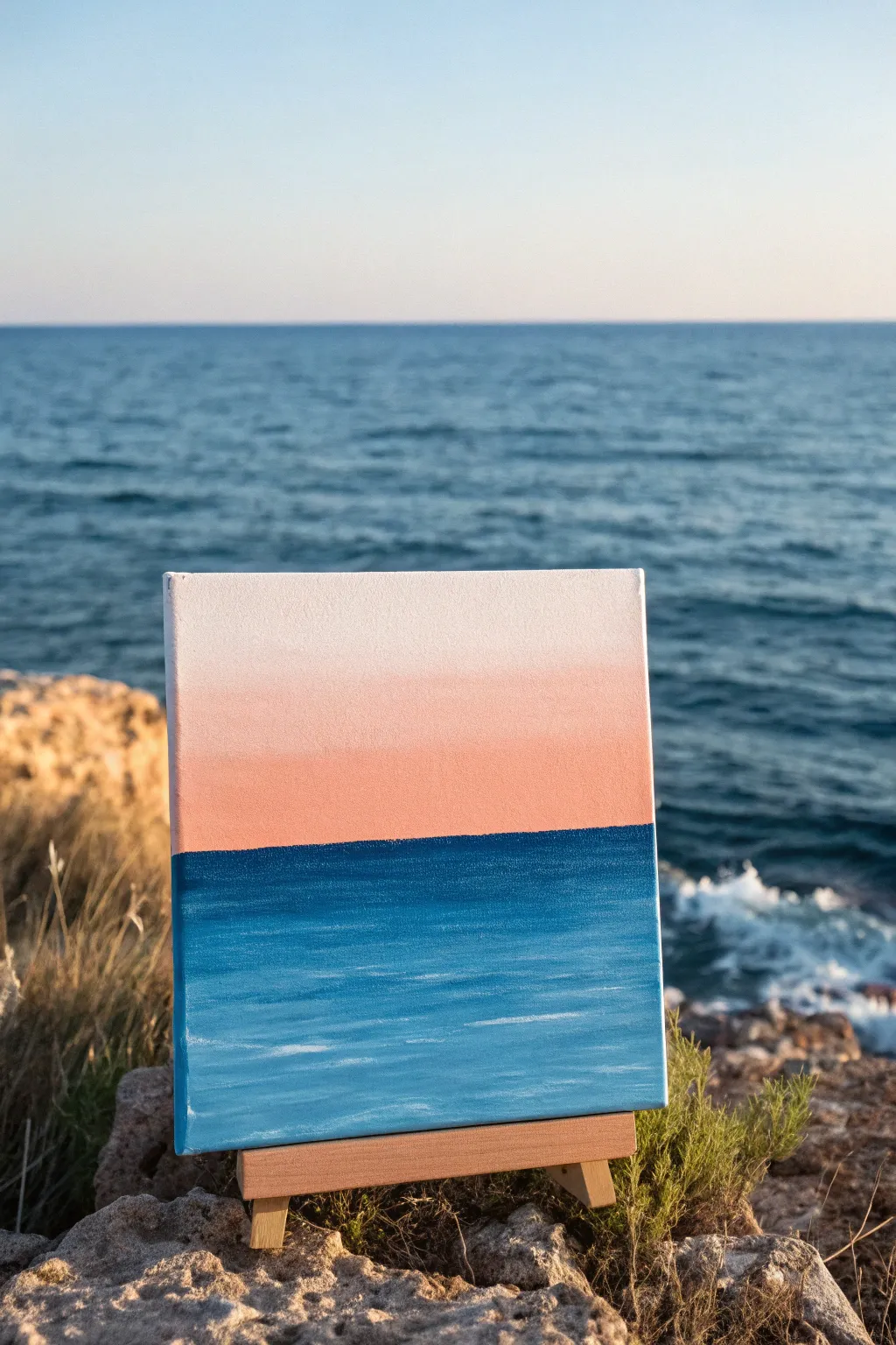 Two-tone sky meets bold ocean line, a minimalist 3-color painting idea with dramatic contrast.