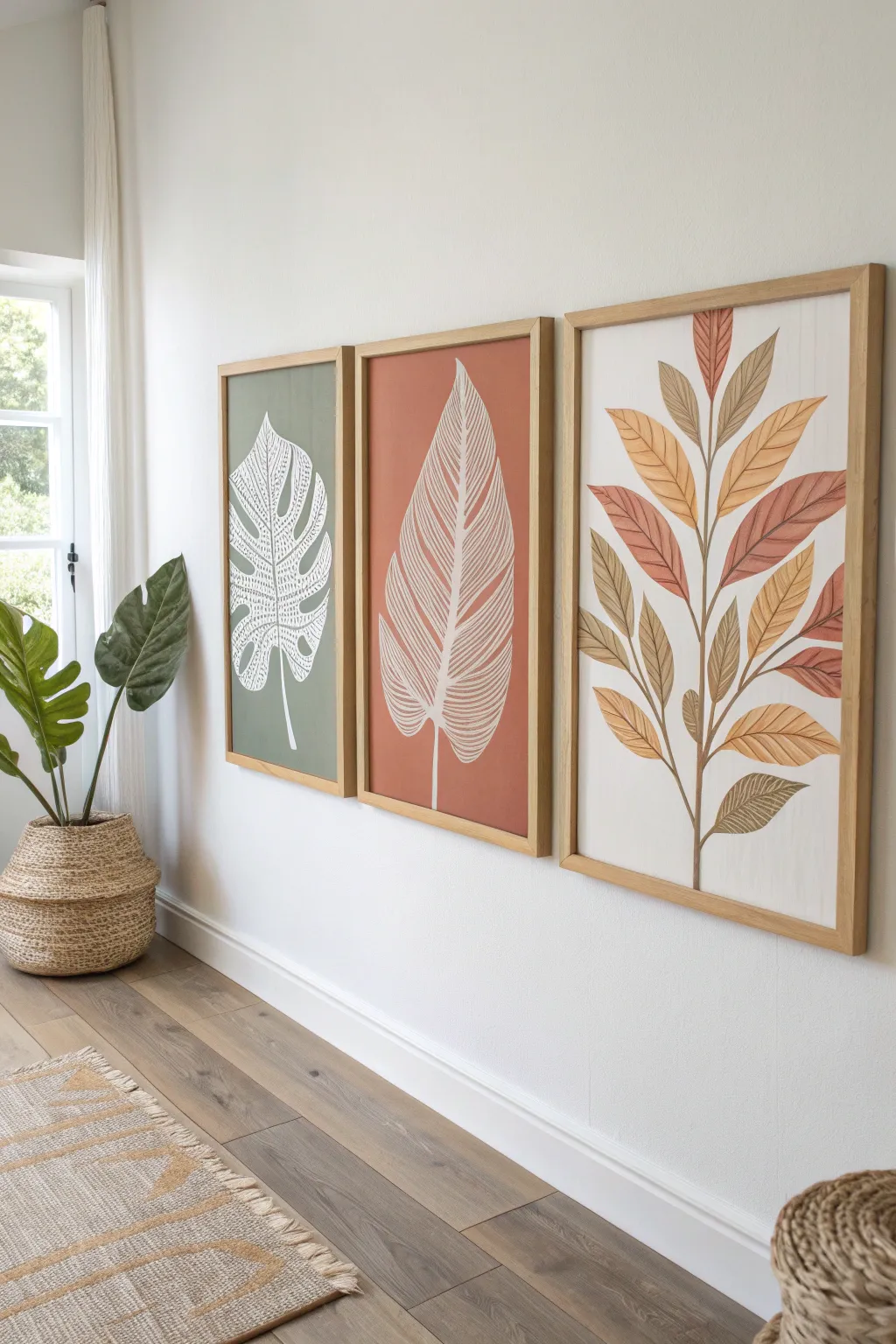 Modern botanical leaves trio in a limited palette, clean frames, bold contrast, calm boho minimalism