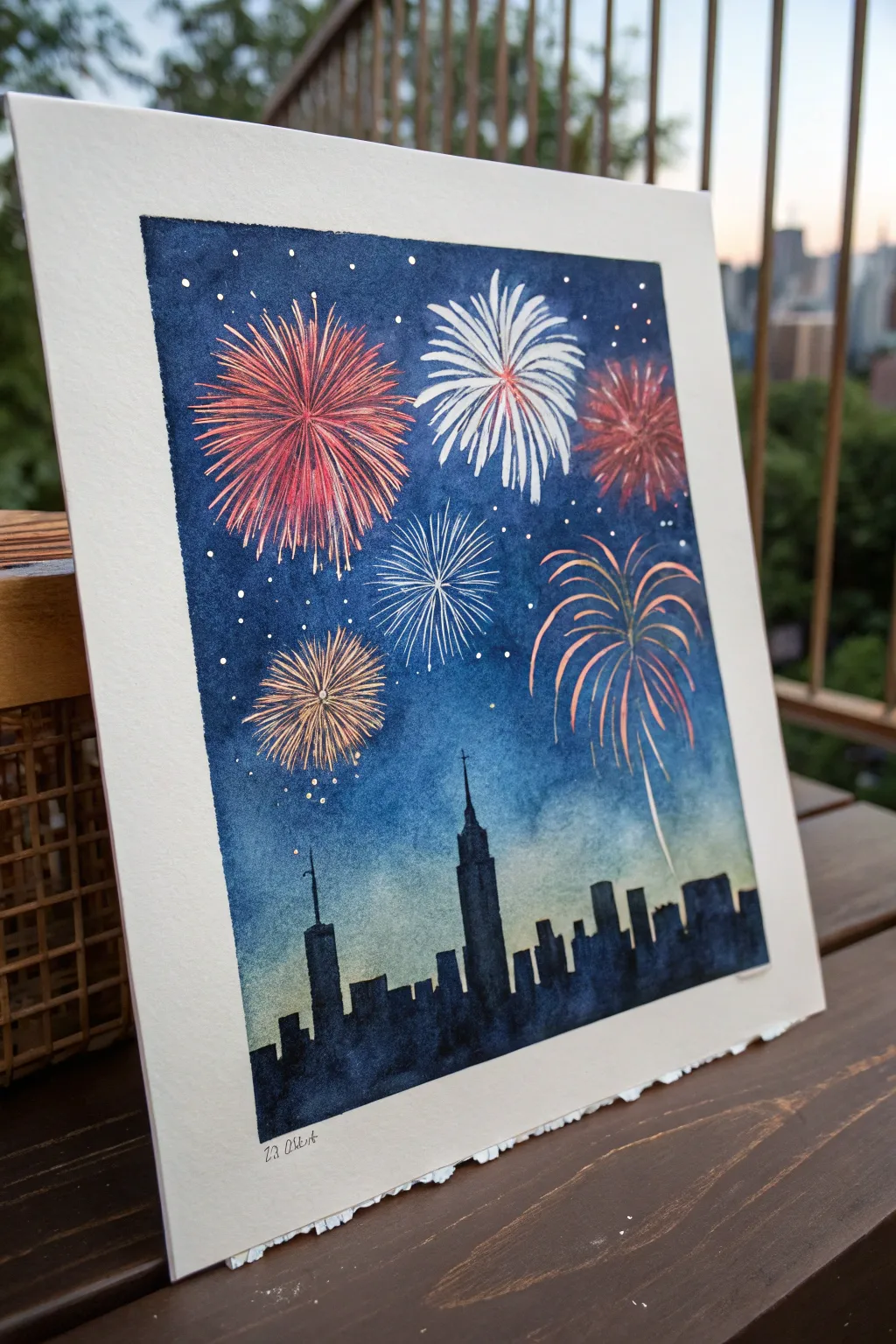 Minimalist skyline silhouette painting with bold 4th of July fireworks for an easy festive finale
