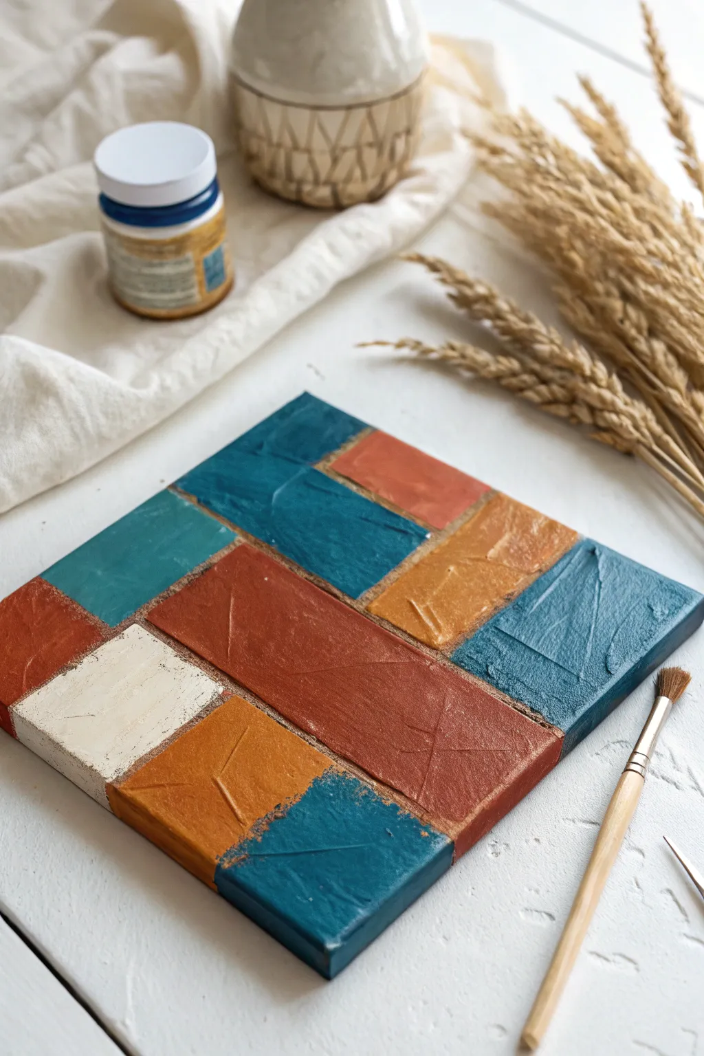 Palette-knife patchwork: bold layered color plates with lifted edges for modern acrylic texture