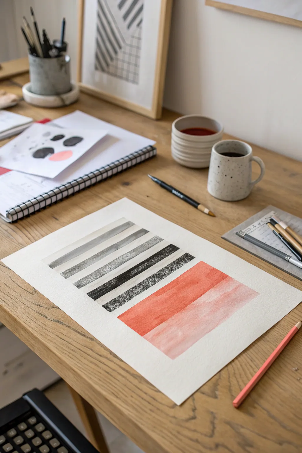 Minimal black and white abstract with a single hot coral stripe for bold modern impact.
