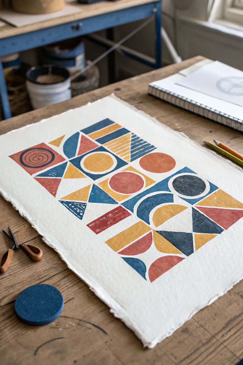 Stack bold shapes for modern abstract art with clean lines and rich Scandinavian color.