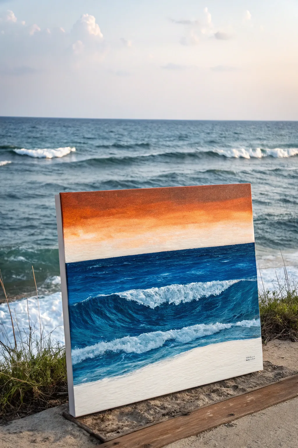 Minimal seascape line abstraction with bold horizon, rich oil texture, and calming negative space