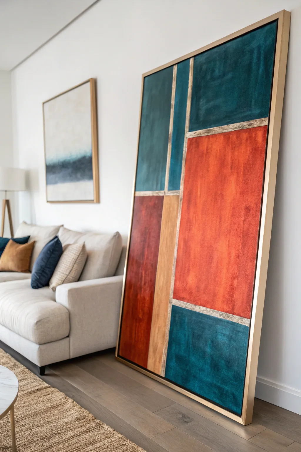 Energize a neutral living room with one bold teal and rust abstract color block painting