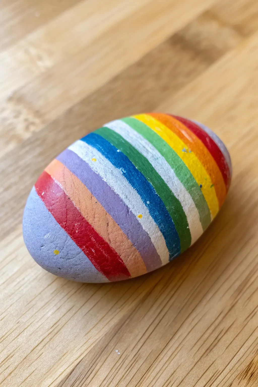 Rainbow stripe rock on warm wood flat lay, minimalist Scandinavian vibes with a boho twist