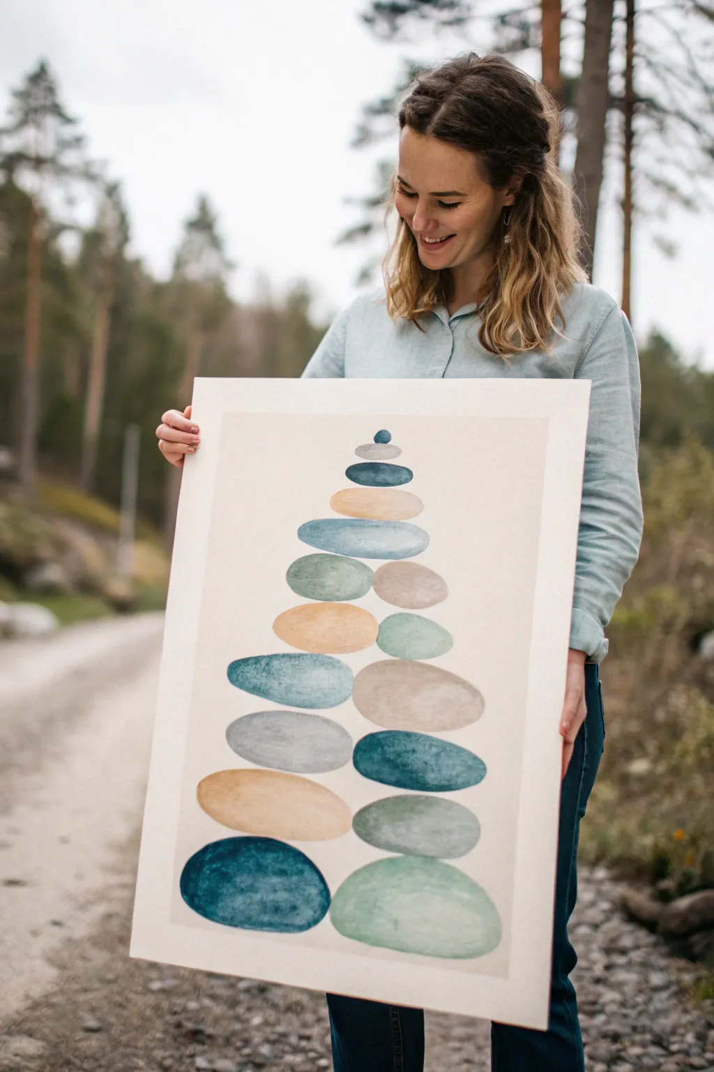 Calm stone-stack watercolor in muted blues and earthy tones, minimalist with soft boho depth