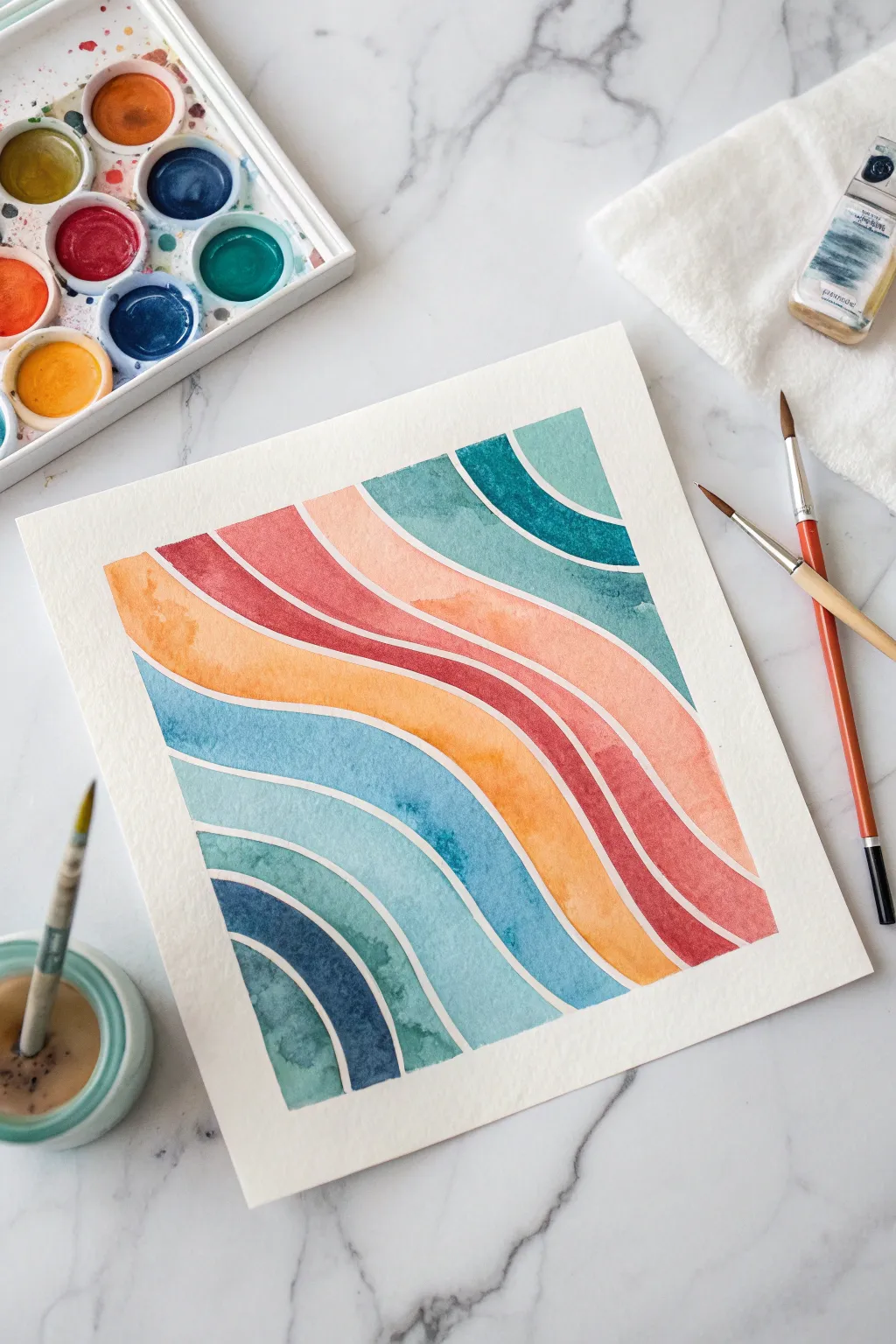 Glazed ribbon weave watercolor: luminous transparent layers, bold overlaps, minimalist boho contrast