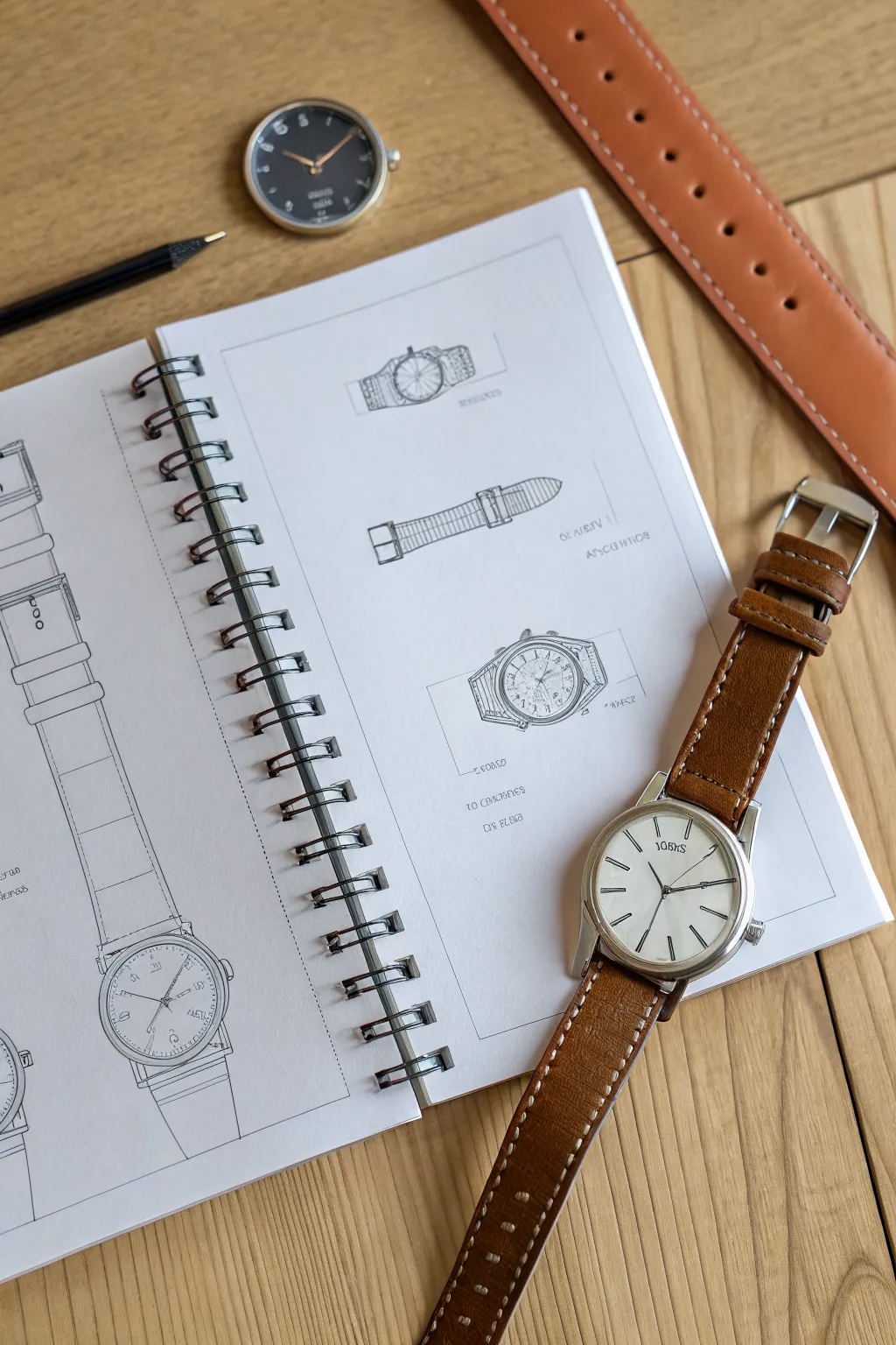 Perspective practice: bracelets and watches wrapping the wrist, clean minimalist sketch sheet.