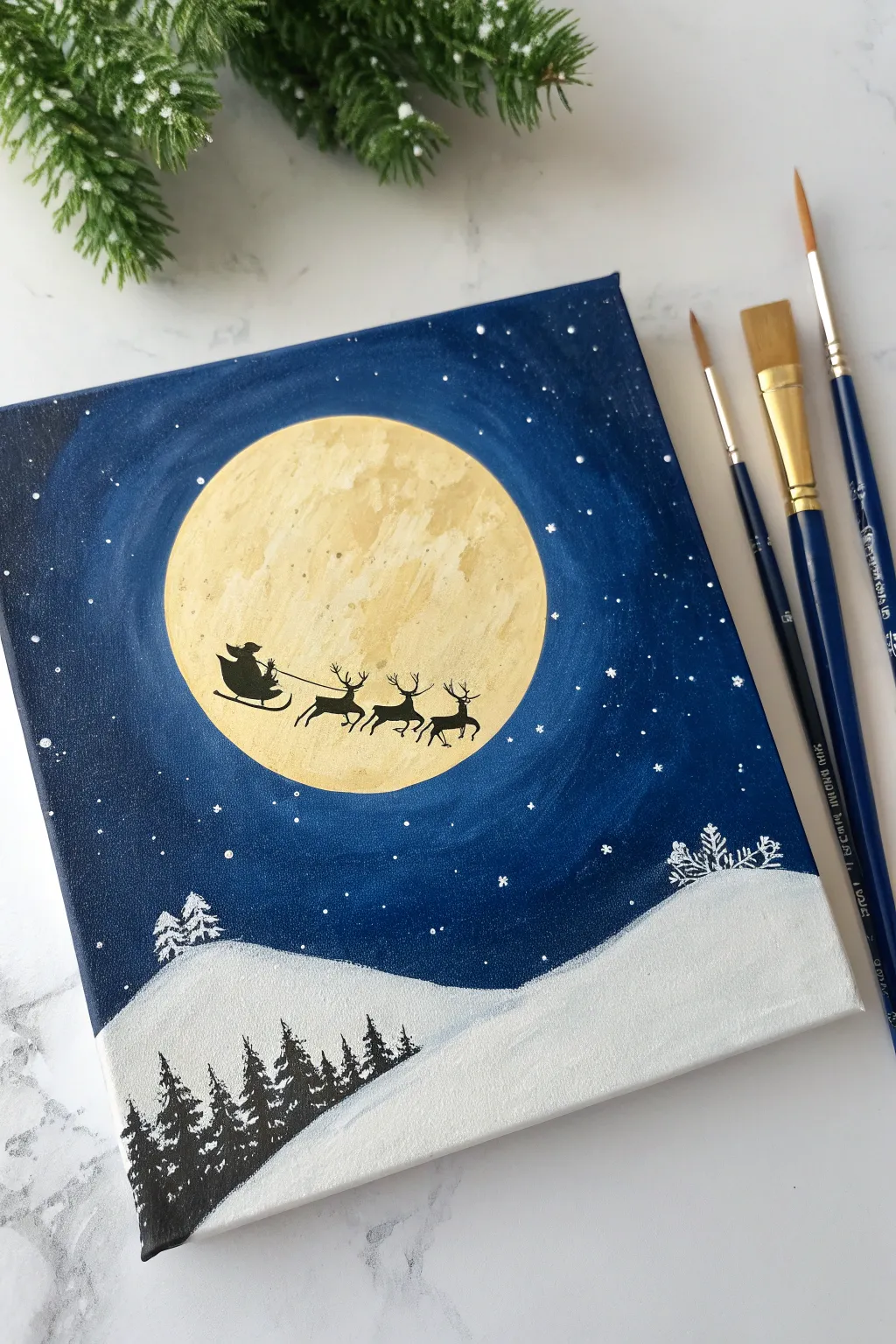 Minimal acrylic winter night: Santa sleigh silhouette gliding across a glowing full moon