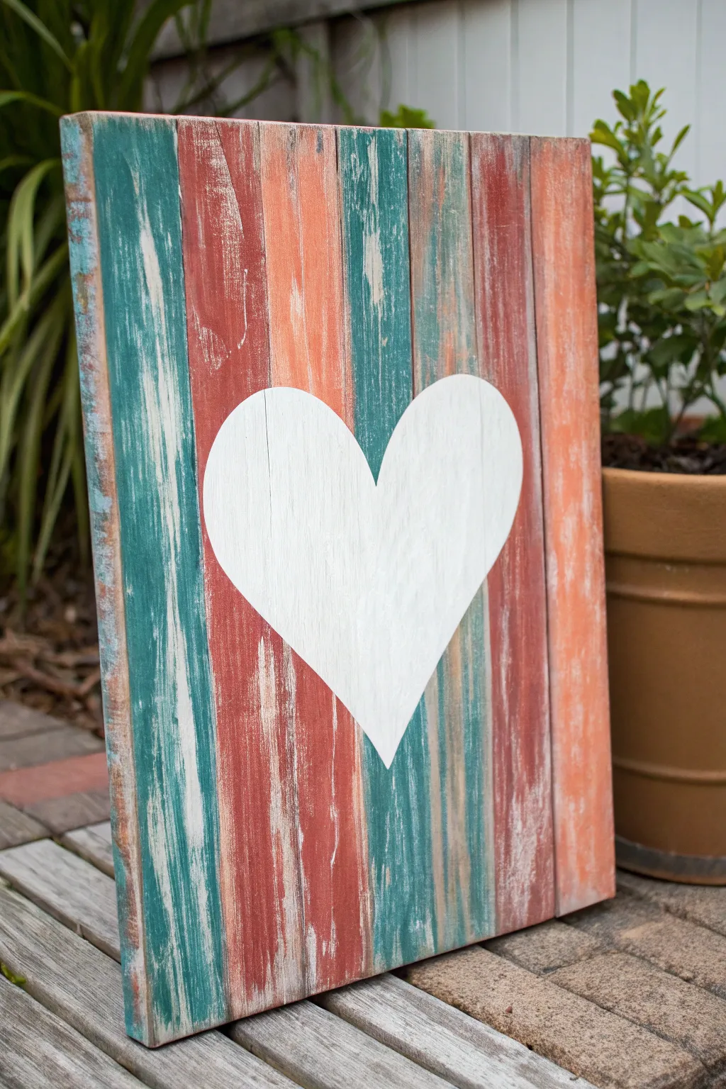 Clean heart stencil pops against bold vertical acrylic swipes for an easy modern boho canvas.