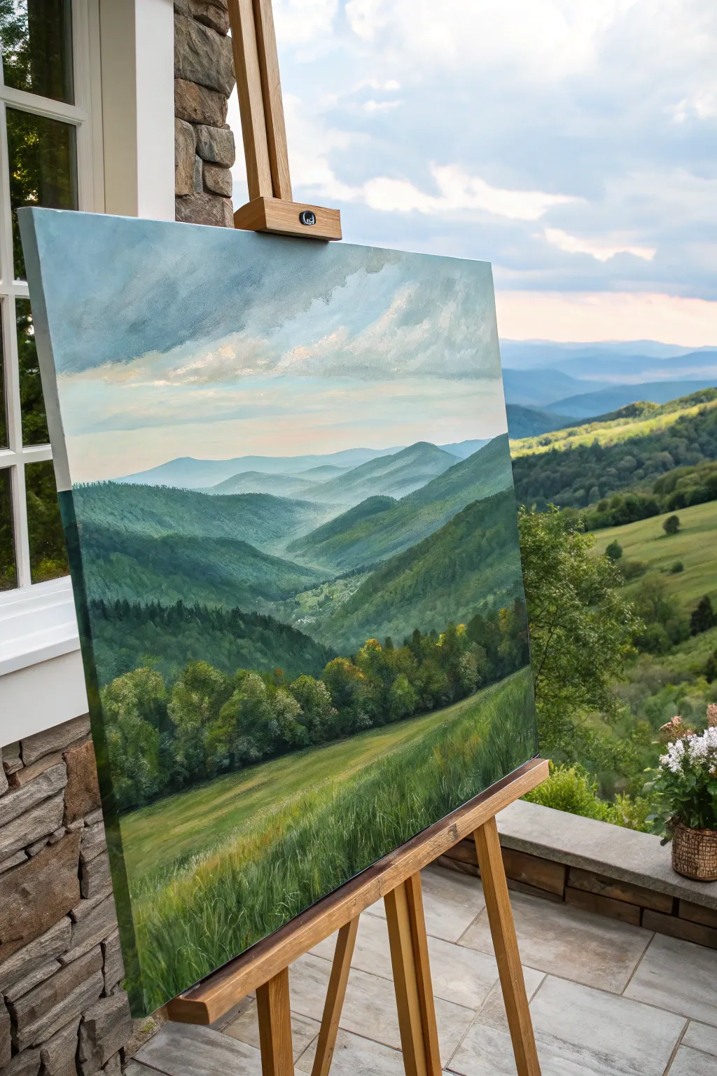 Acrylic rolling hills with layered perspective, deep greens fading into a soft misty horizon