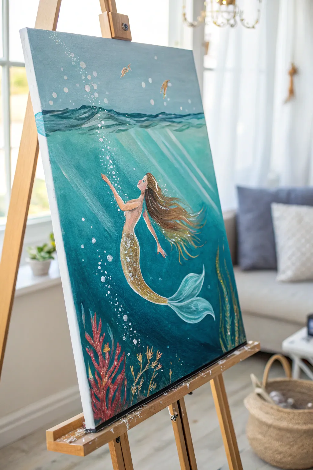 Underwater mermaid acrylic idea: flowing hair, teal layers, and soft bubbles for dreamy depth