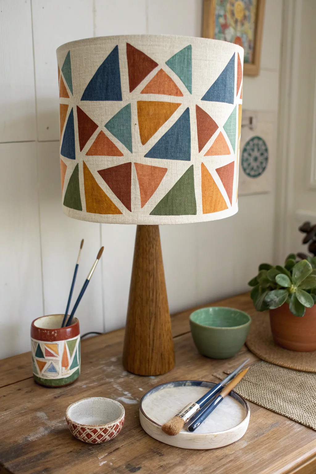 Geometric tape blocks on a linen lampshade, bold acrylic colors with crisp, clean edges.