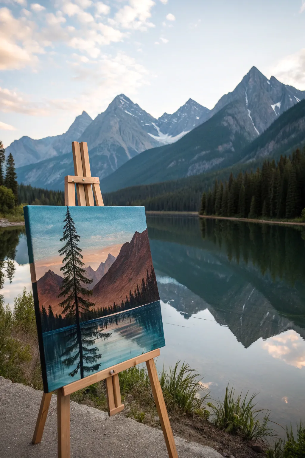 Calm mountain lake with mirror reflections, a minimalist acrylic painting idea in bold Scandinavian-boho hues.