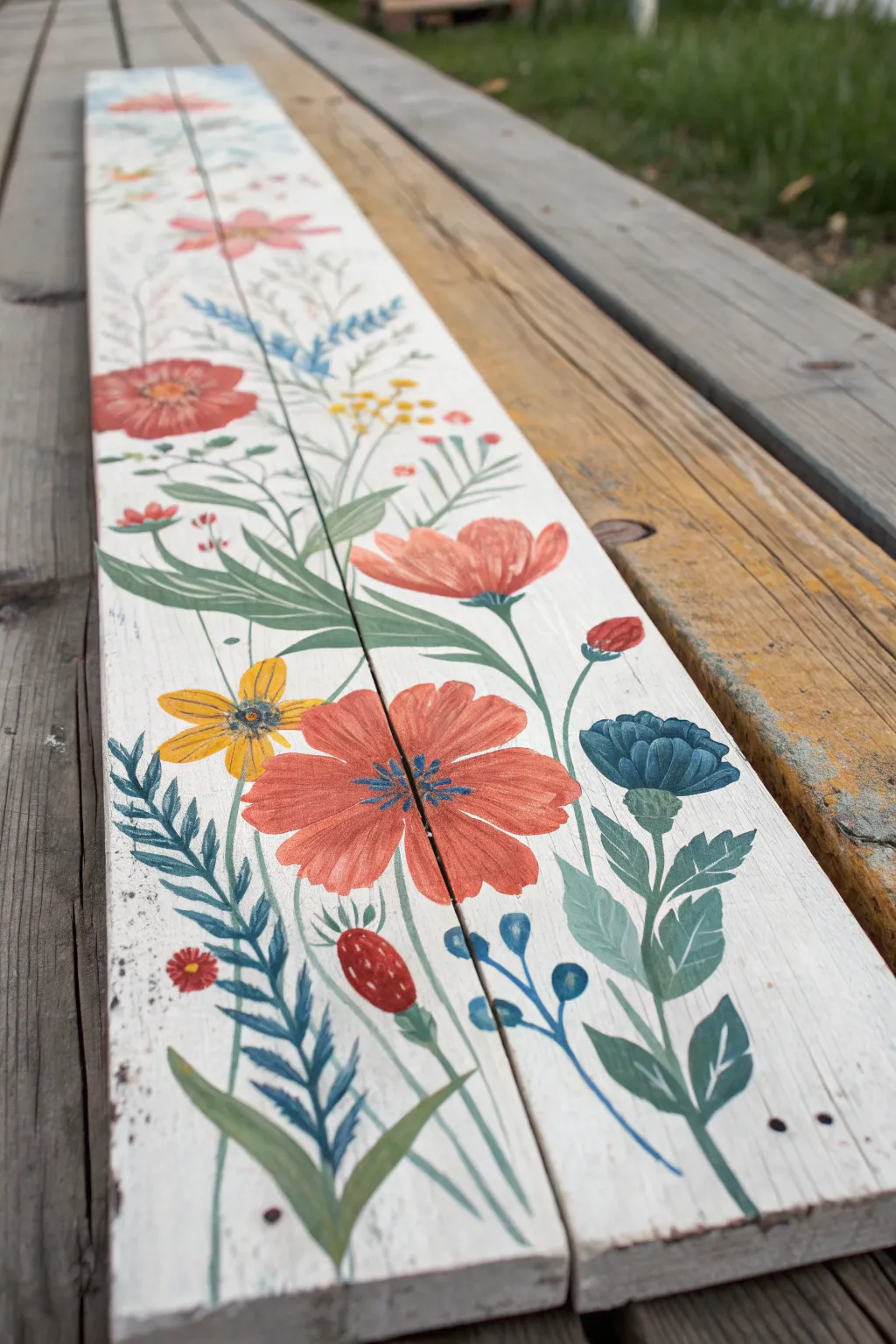 Loose acrylic wildflowers bloom on reclaimed wood, rustic edges and bold color contrast