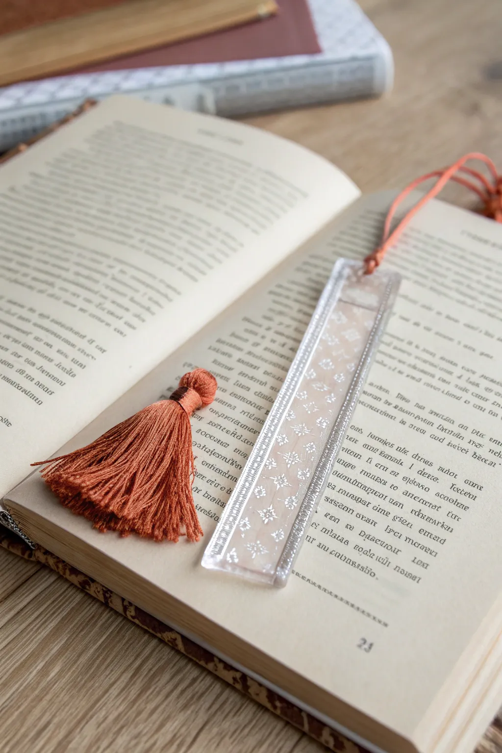 Crystal-clear acrylic bookmark with engraved edge and tassel detail, styled in minimal boho calm