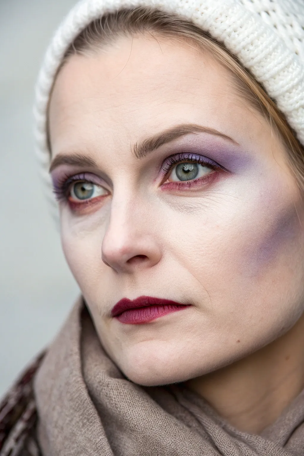 Sultry vampire fade: pale gradient skin, subtle veins, dark lips, and a tiny blood touch