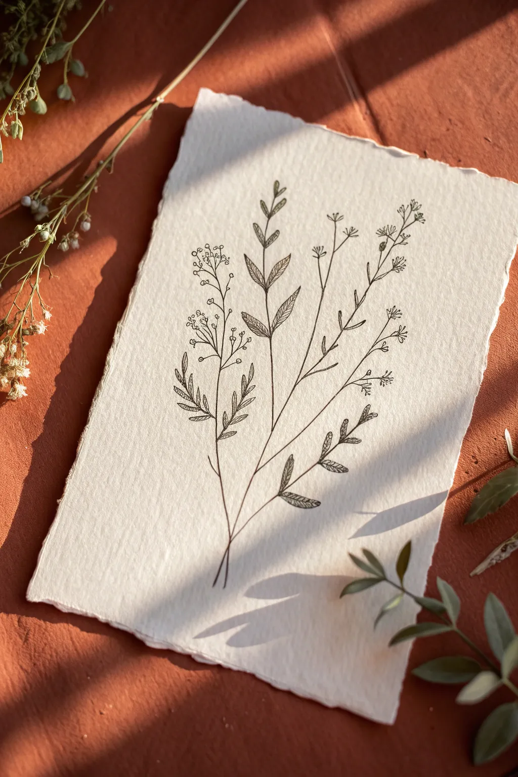 Delicate floral sprigs with simple hatching on textured paper for a clean minimalist look