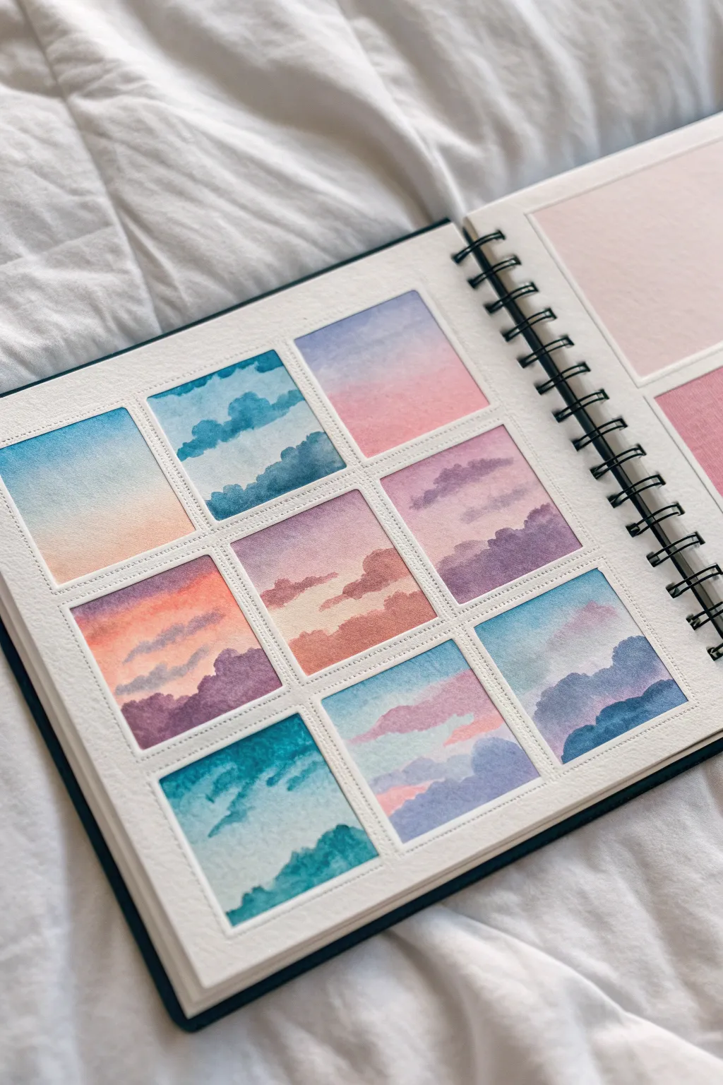 Cotton-candy cloud studies: pastel sky gradients in neat watercolor swatches, crisp and dreamy.