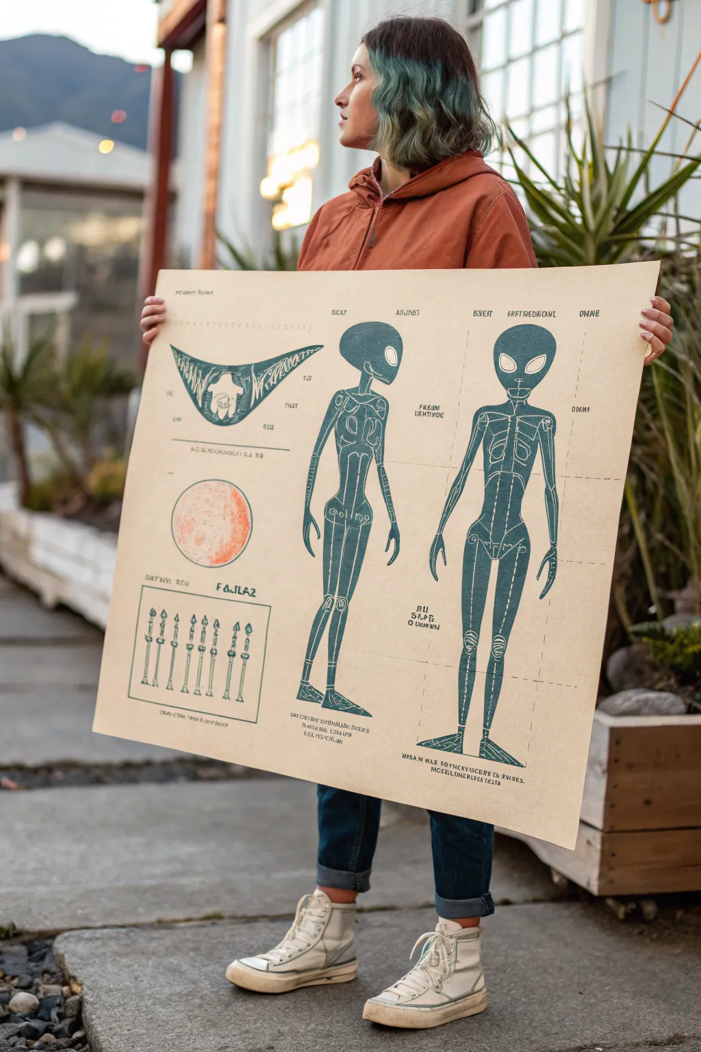Minimalist alien turnaround sheet with bold color, clean silhouette, and clear front side back views
