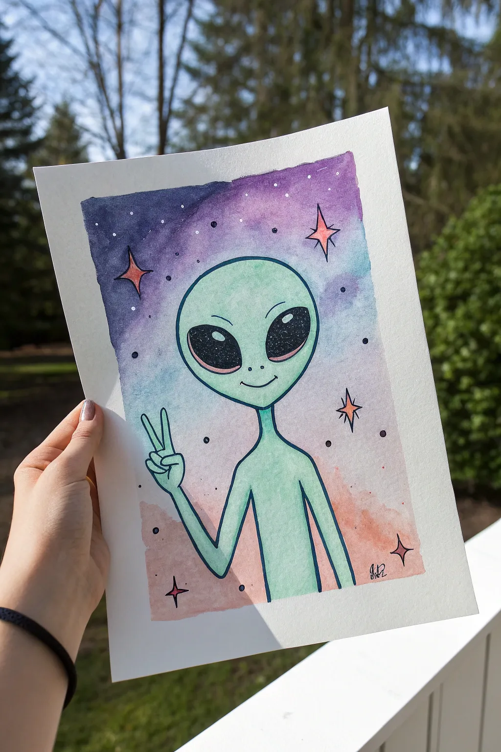 Friendly alien peace sign painting idea with soft neon glow and a dreamy cosmic gradient
