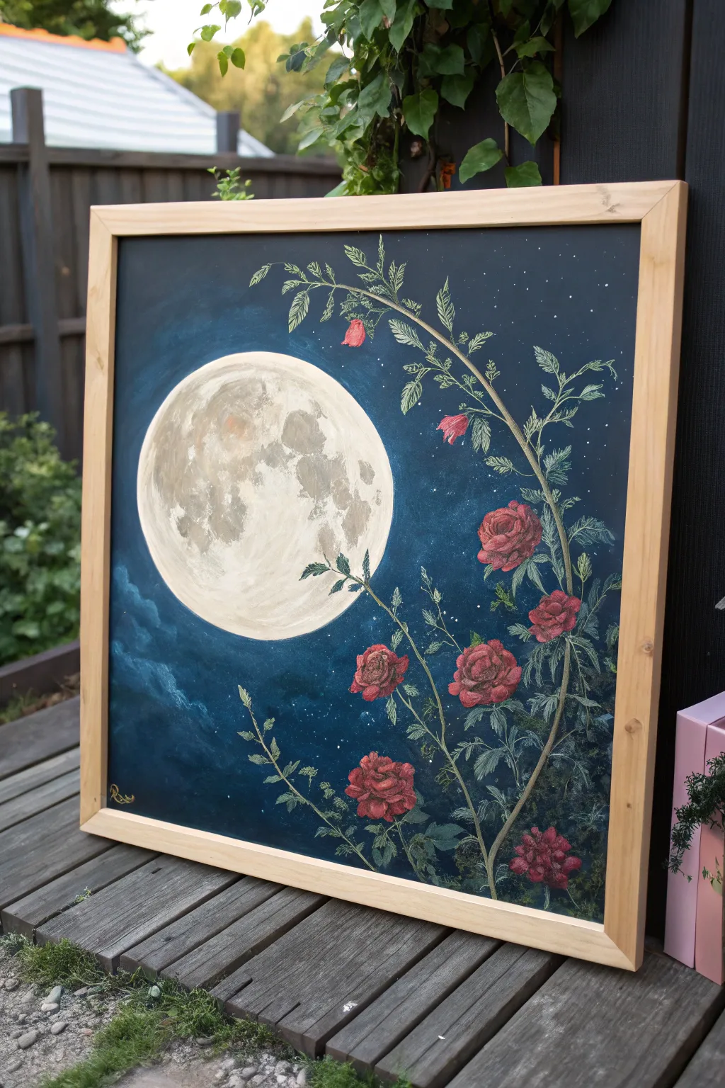 Moody moon and thorny roses: bold indigo shadows, glowing light, and a few bright petals.