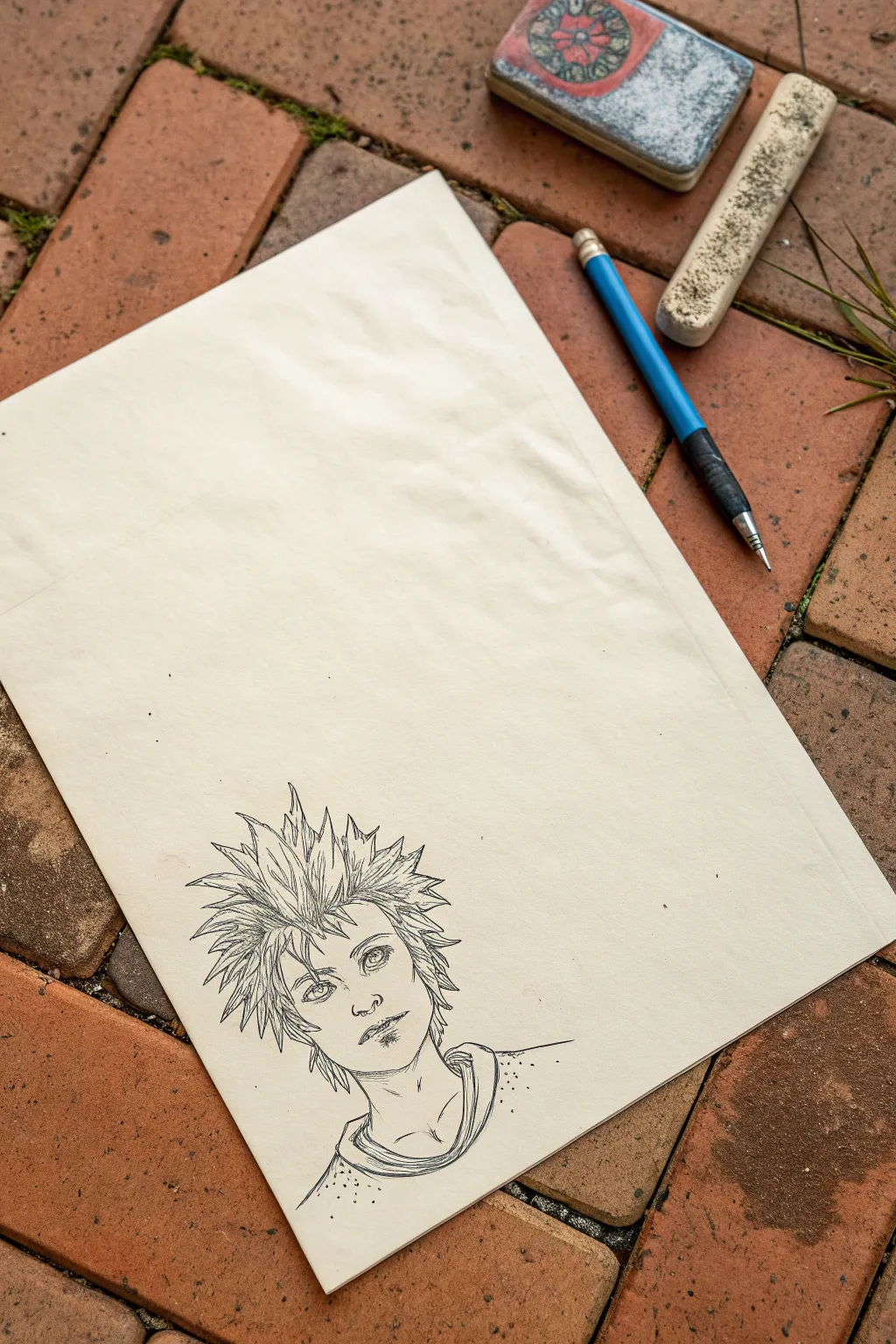 Non-dominant hand grunge sketch with punk energy, gritty linework, and a bold minimalist pop.