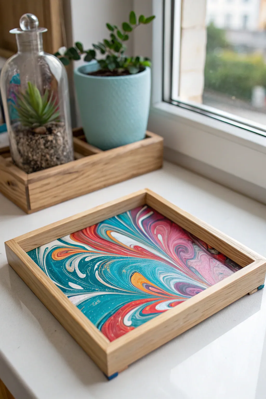 Acrylic pour ribbons in bold jewel tones, captured mid-tilt on a clean minimalist workspace.