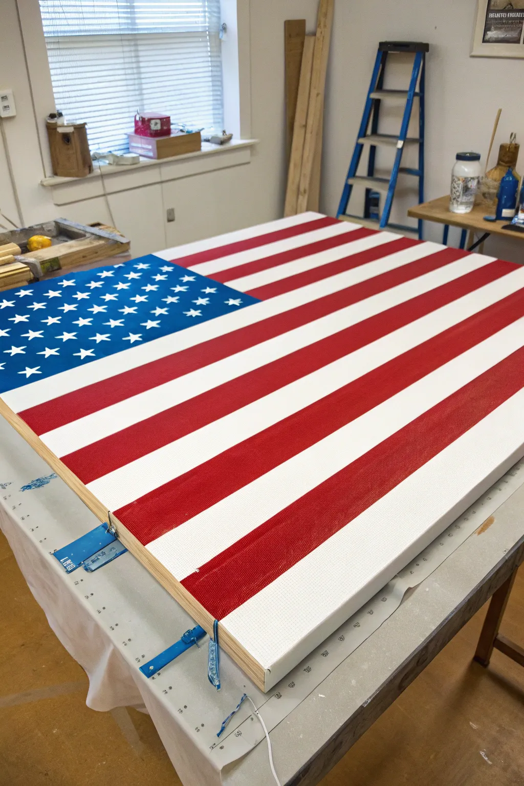Crisp tape-resist flag stripes in progress with bold red paint and a clean blue canton