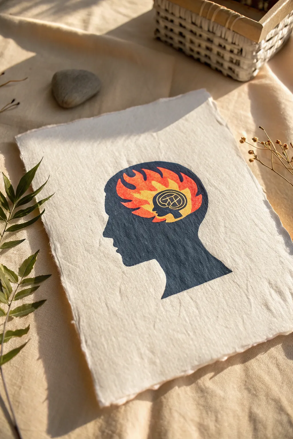 Anger as fire in the mind: bold flame inside a calm silhouette, with soft smoke drifting out.