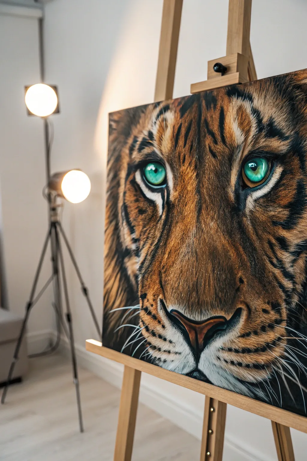 Bold acrylic big-cat eyes close-up, rich fur texture and luminous catchlights for dramatic wall art.