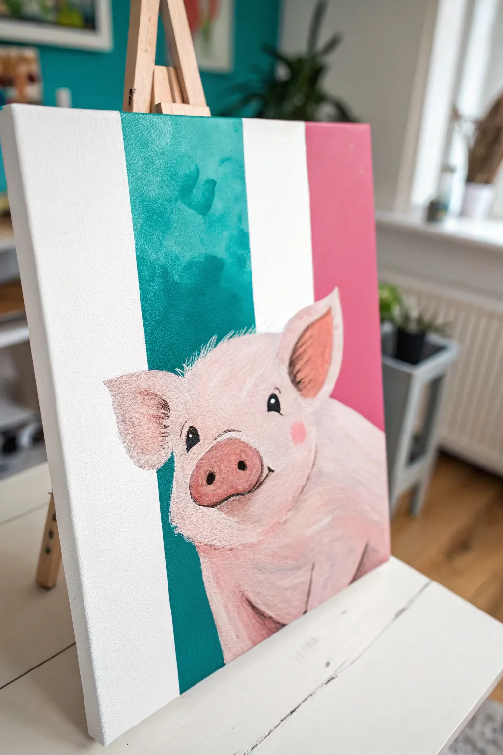 Cute pig acrylic shading from blush to raspberry on a bold teal background, minimalist and boho