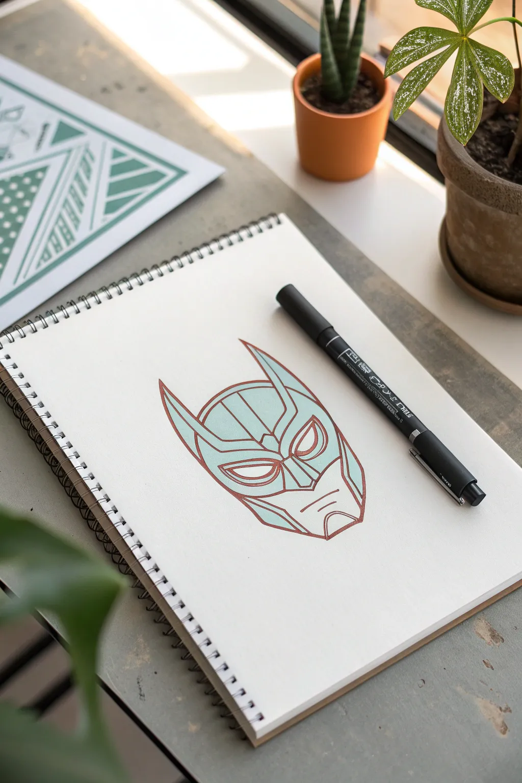 Superhero mask and cape illusion drawing with thick lines and bold accents for easy animation scans