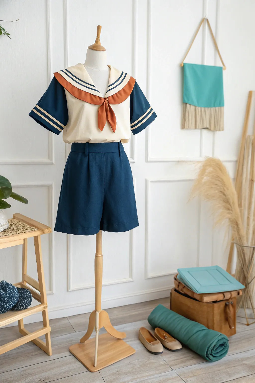 Sailor-collar casual look with bold color blocking, two colorways styled in minimalist Scandi vibes.