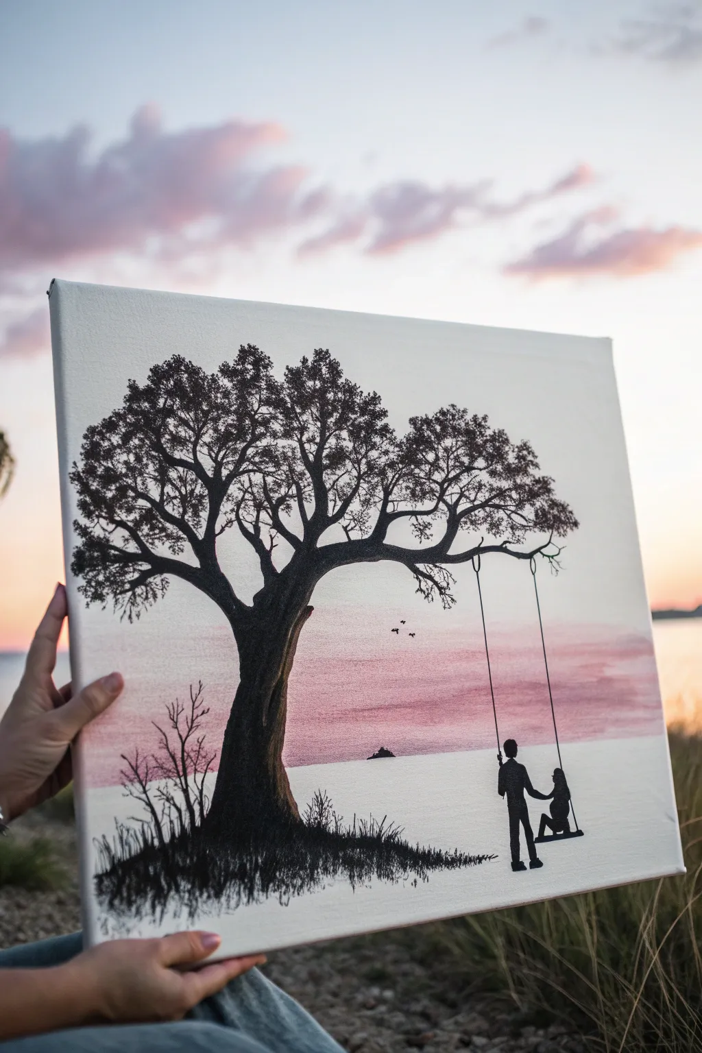 Easy anniversary painting: romantic tree swing silhouette against a dreamy pink purple sky