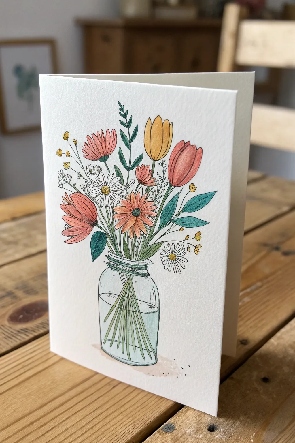 Simple flower bouquet card front idea with bold Nordic color and a soft boho handmade feel