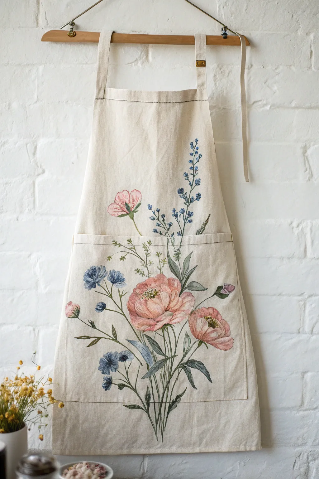 Blush and indigo watercolor florals on linen apron, soft edges, bold contrast, minimalist mood.