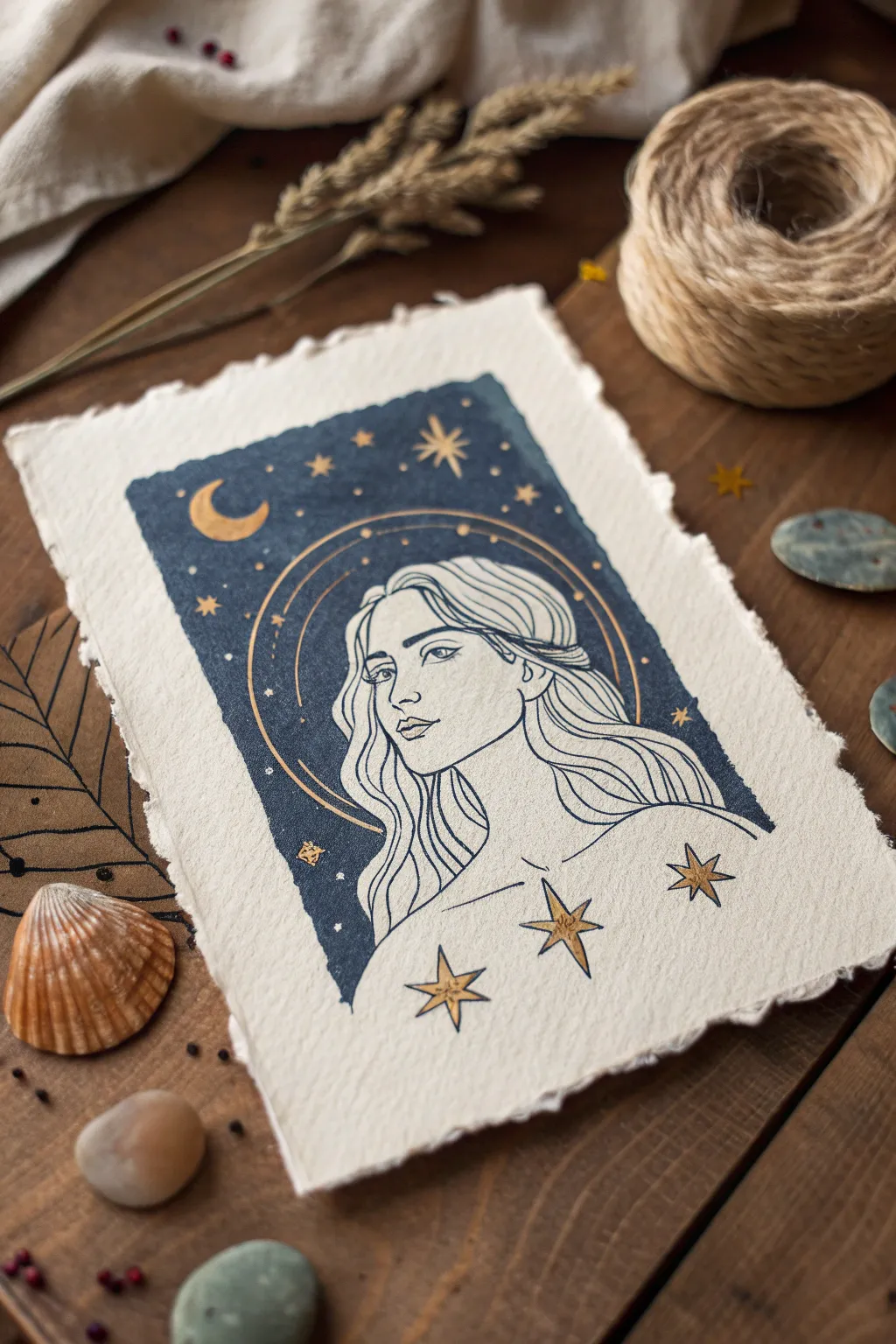 Minimalist Aquarius constellation portrait with moon halo in indigo and gold on handmade paper