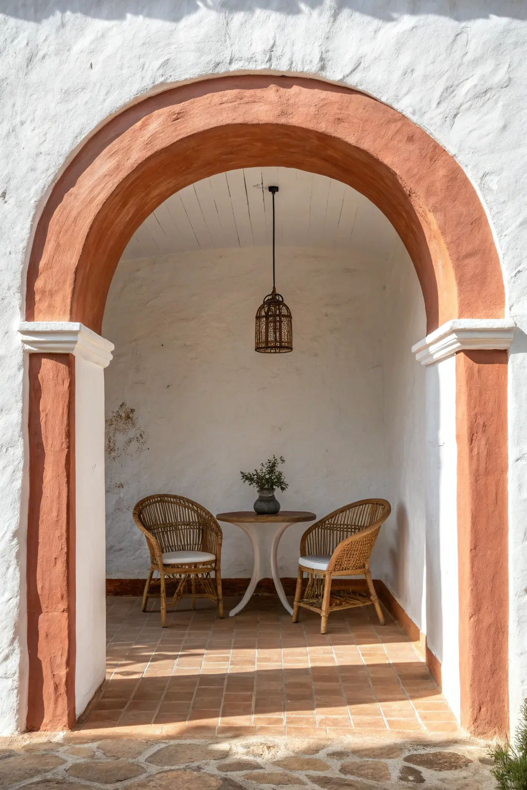 Warm painted arch frames a cozy dining nook in minimalist Nordic style with boho texture