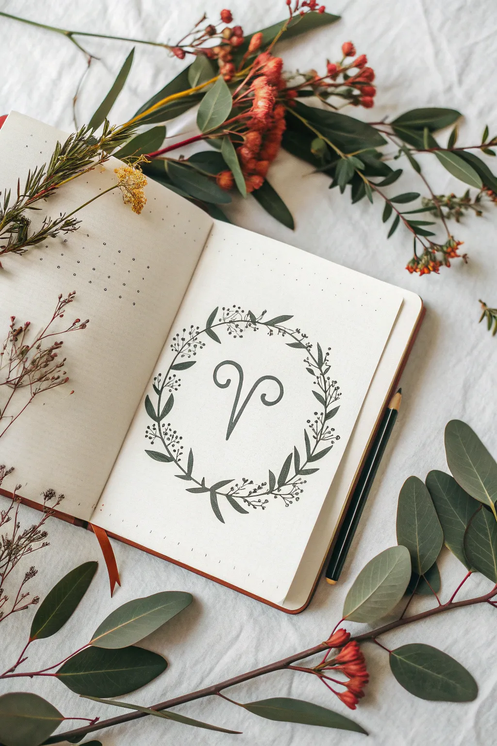 Aries glyph sketch framed by wild blooms, minimalist boho lines with bold modern color pops