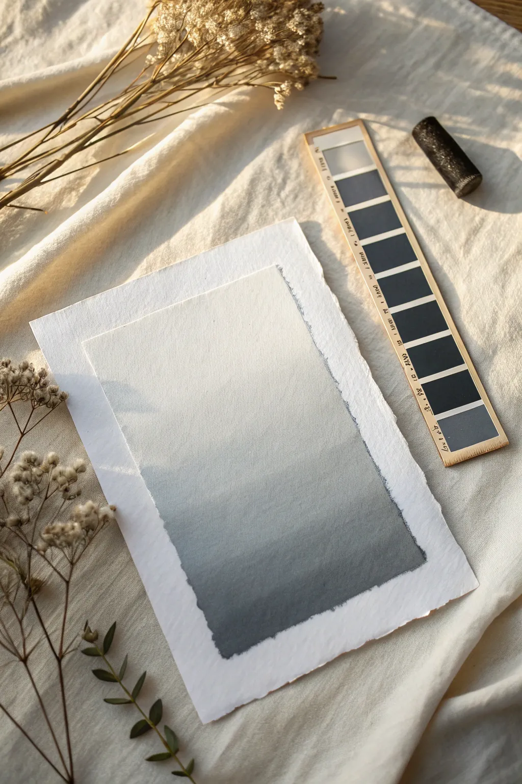 Simple value fade from charcoal to white with a clean swatch strip for modern art backgrounds