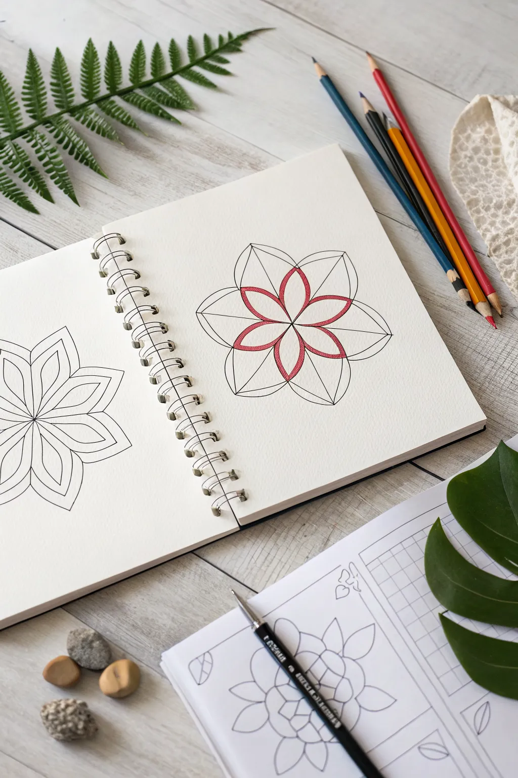 Step by step sketch lesson page, from simple shapes to finished art with colorful variations