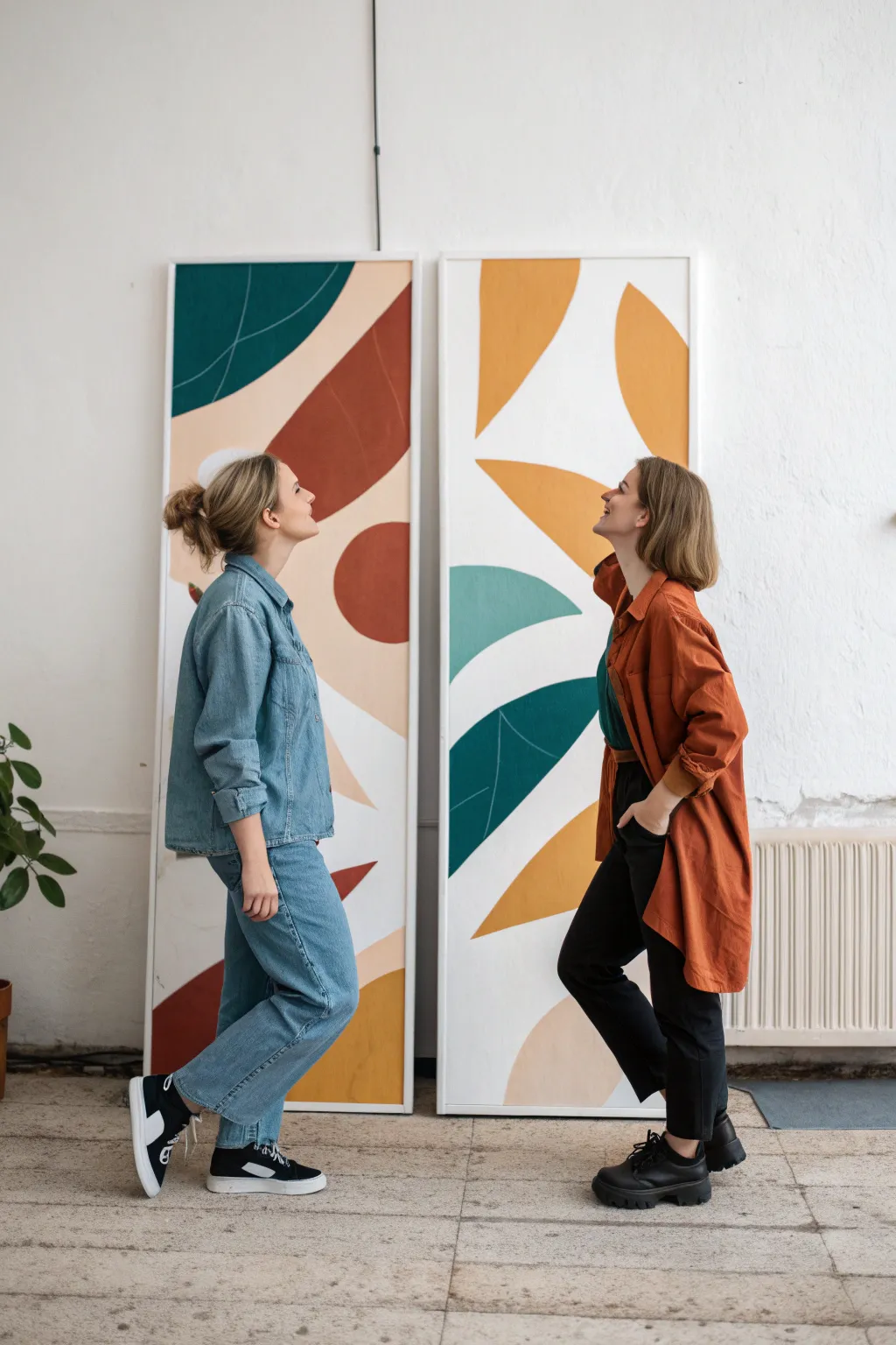 Split-canvas mirror duo: two styles, one pose, and a shared prop to spark an art collab.