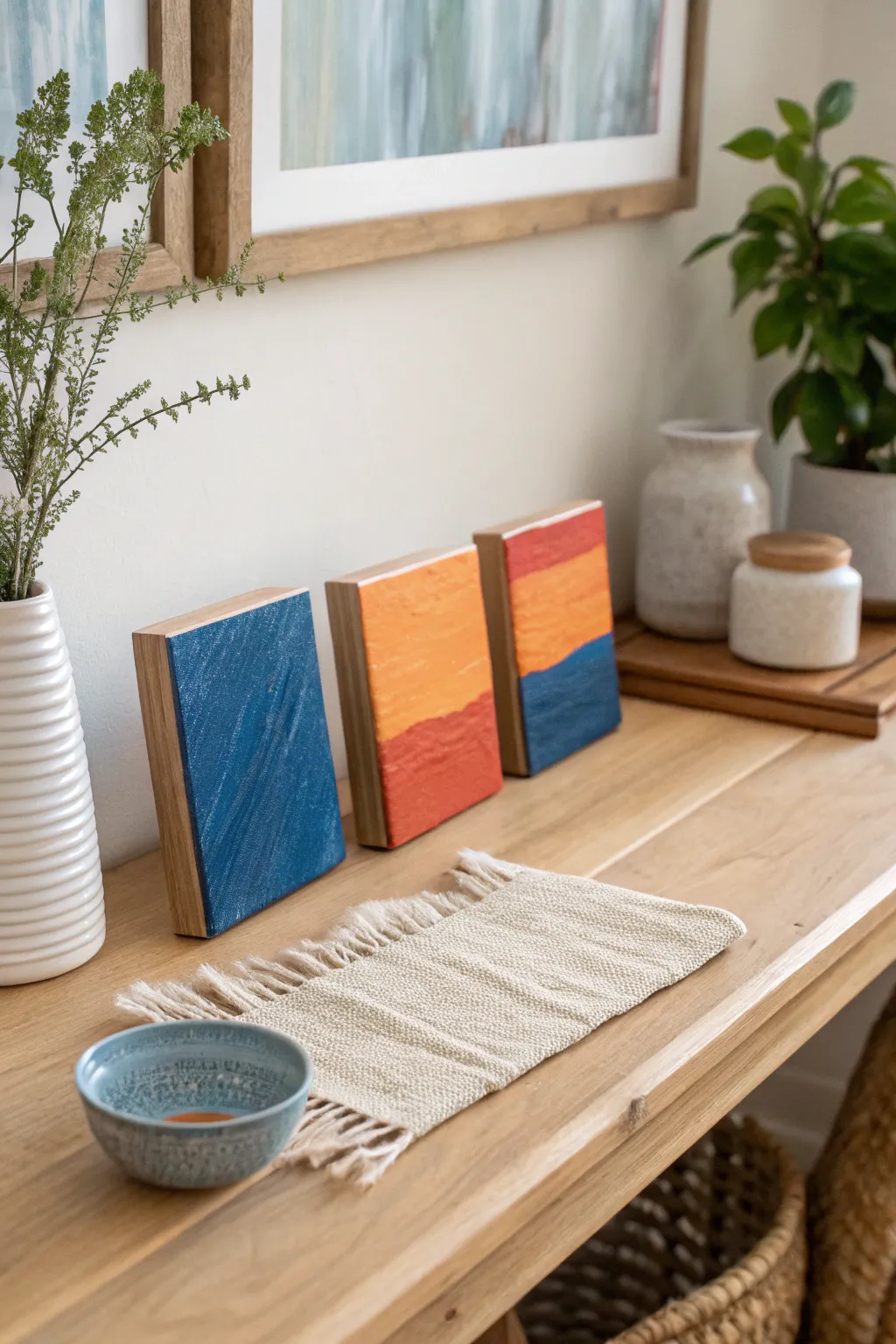 Paint a tiny trio together: cozy mini canvases, warm candle glow, bold color, simple romance.