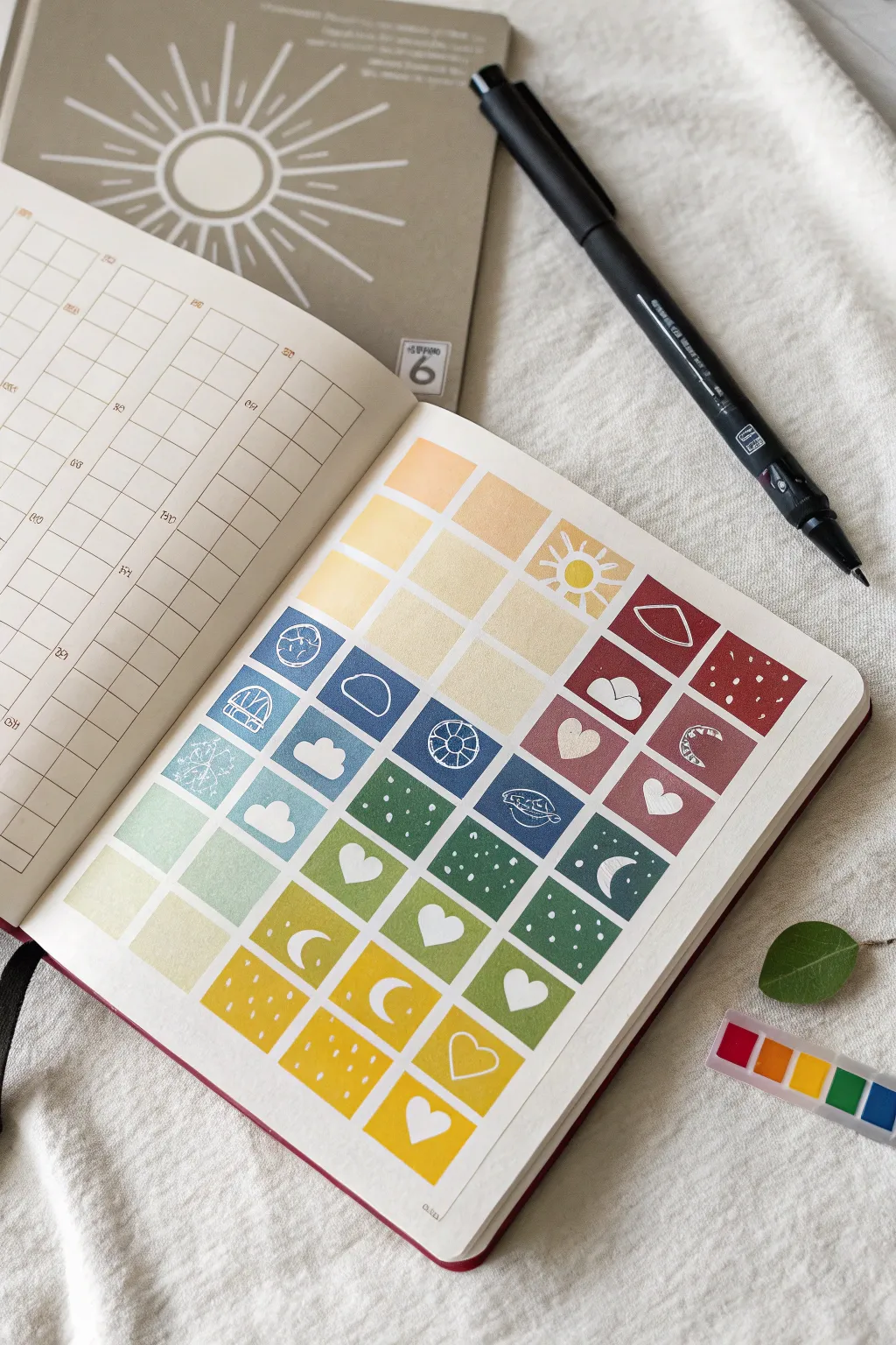 Painted mood tracker grid with tiny icons, bold colors, and minimalist boho journal vibes.