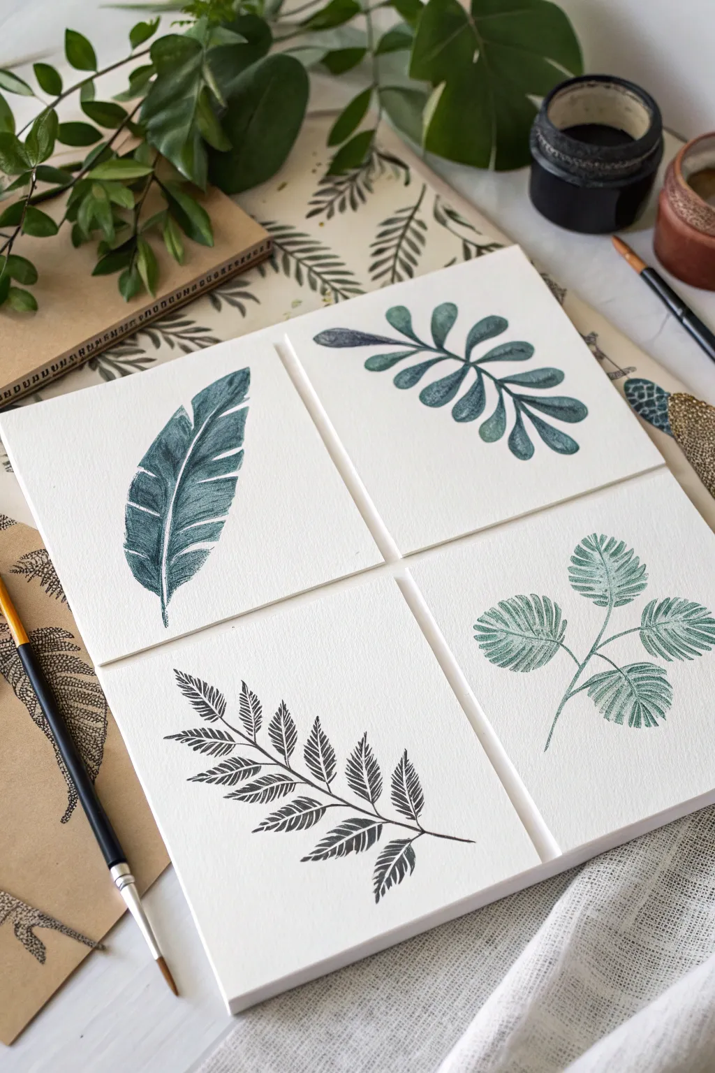 One leaf, four mediums: watercolor, ink, pencil, and paint displayed side by side for bold contrast.