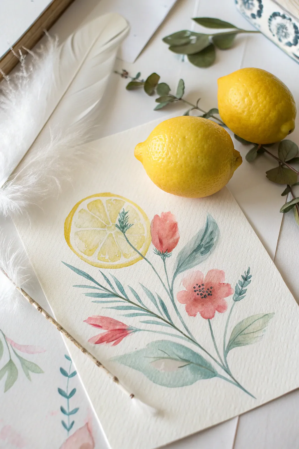 Airy watercolor wash lemon with intentional blooms, bold color pops, and clean minimalist contrast