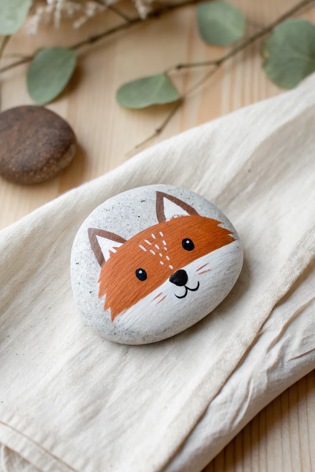 Paint a simple fox face rock with bold colors for a cute, minimalist craft you can finish in minutes