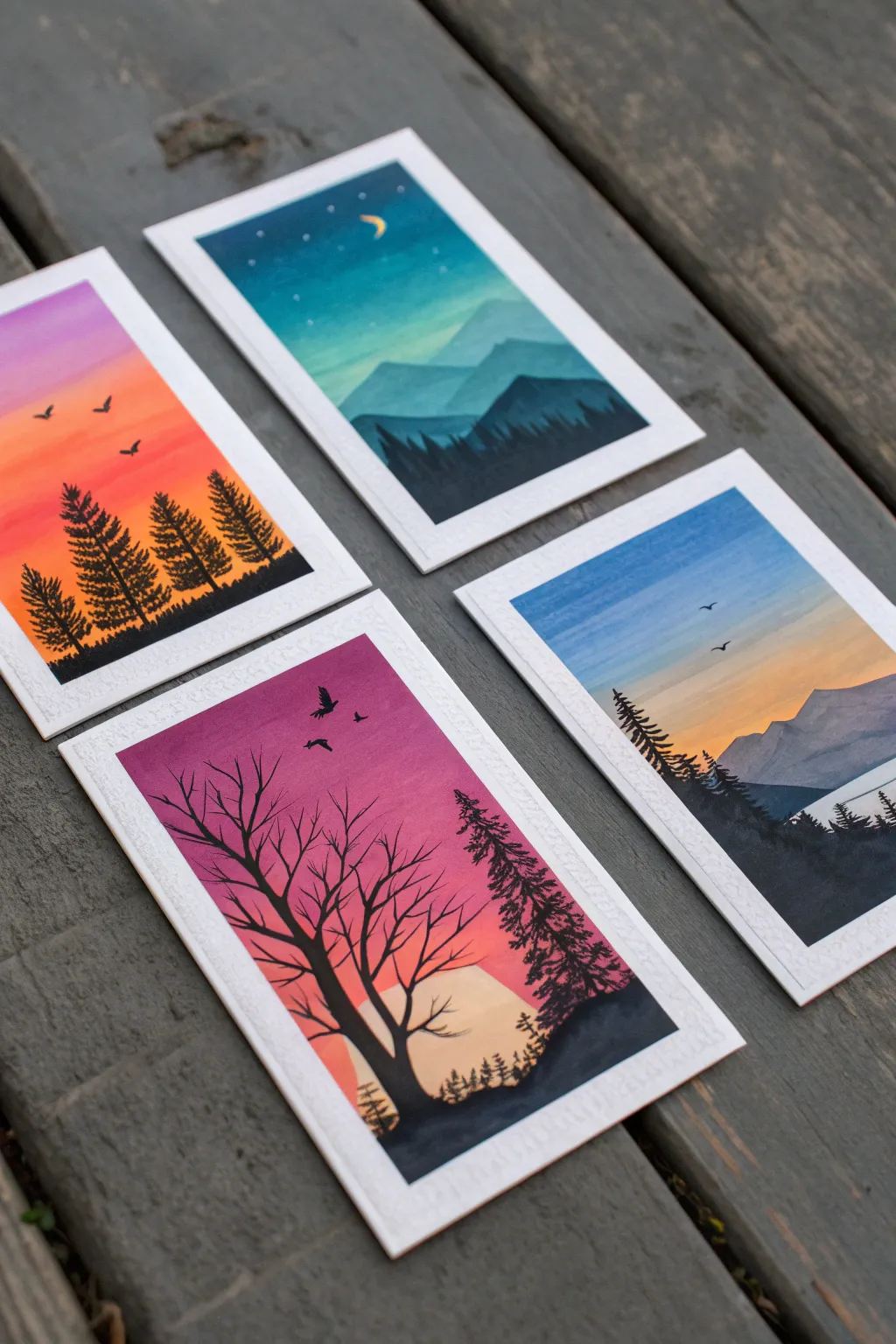 Four sunset-gradient landscape ATCs in a crisp row, tiny silhouettes, bold minimal Scandi-boho style