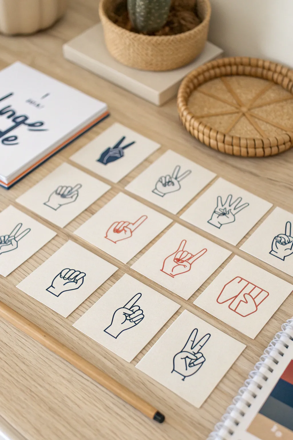 Classic ASL flashcards with minimalist hand sign sketches in bold boho color accents